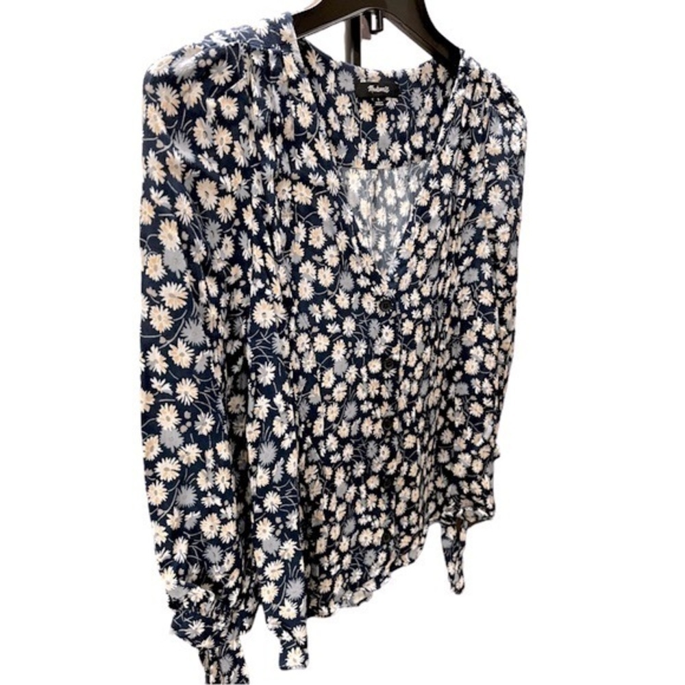 Madewell Button Down Blue/Pink/white Floral Tie Sleeves Blouse- Small - Picture 4 of 10